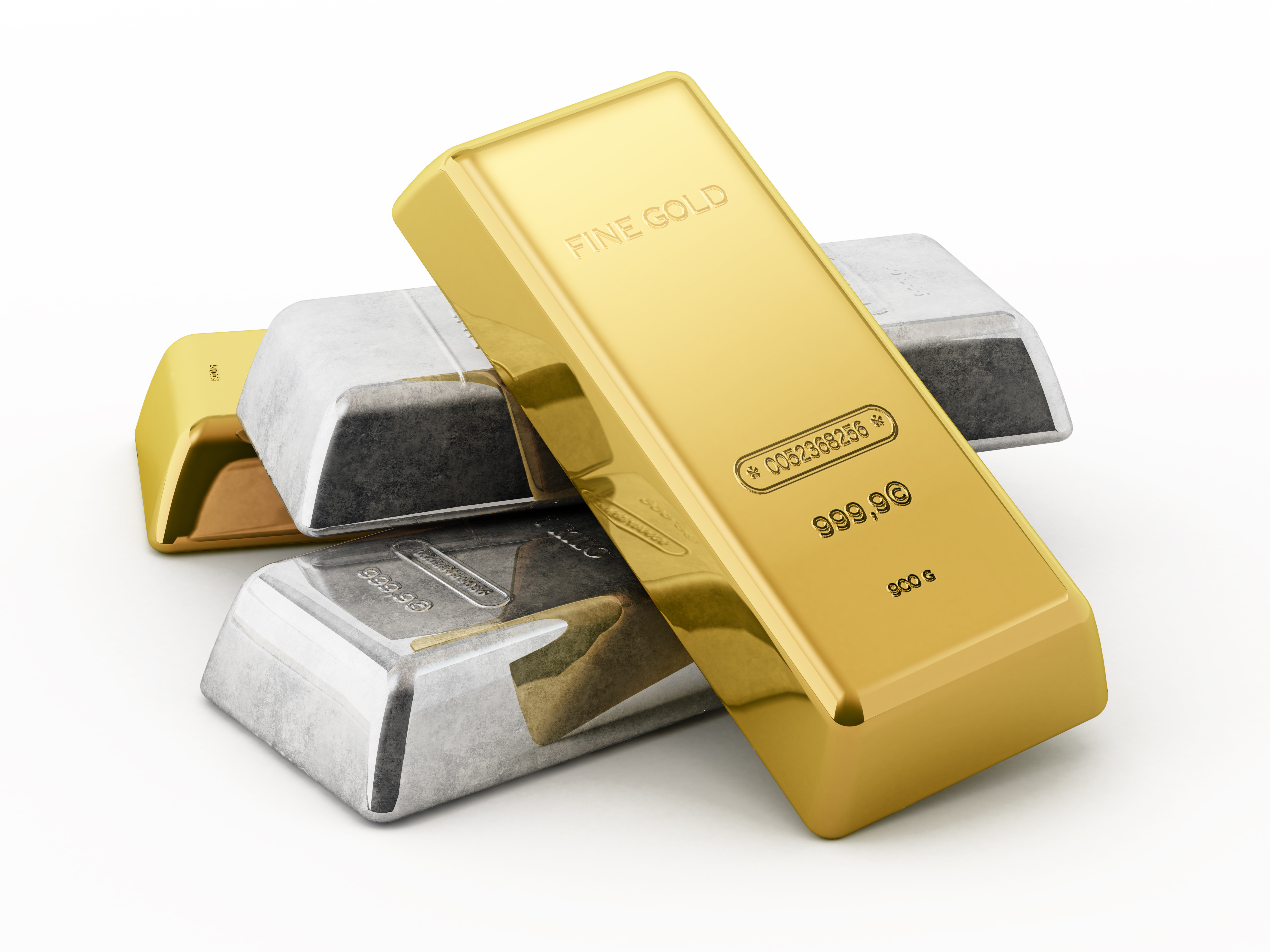 Gold and silver ingots isolated on white background. 3D illustration.