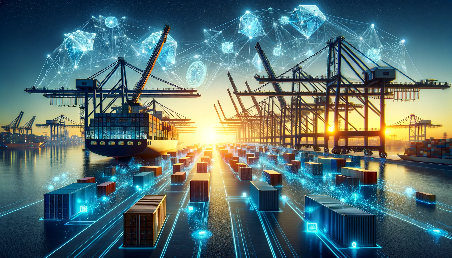 DALL·E 2023-11-11 14.43.25 - Create a digital art piece showcasing the evolution of trading companies from traditional operations to advanced blockchain-enabled hubs in the digita