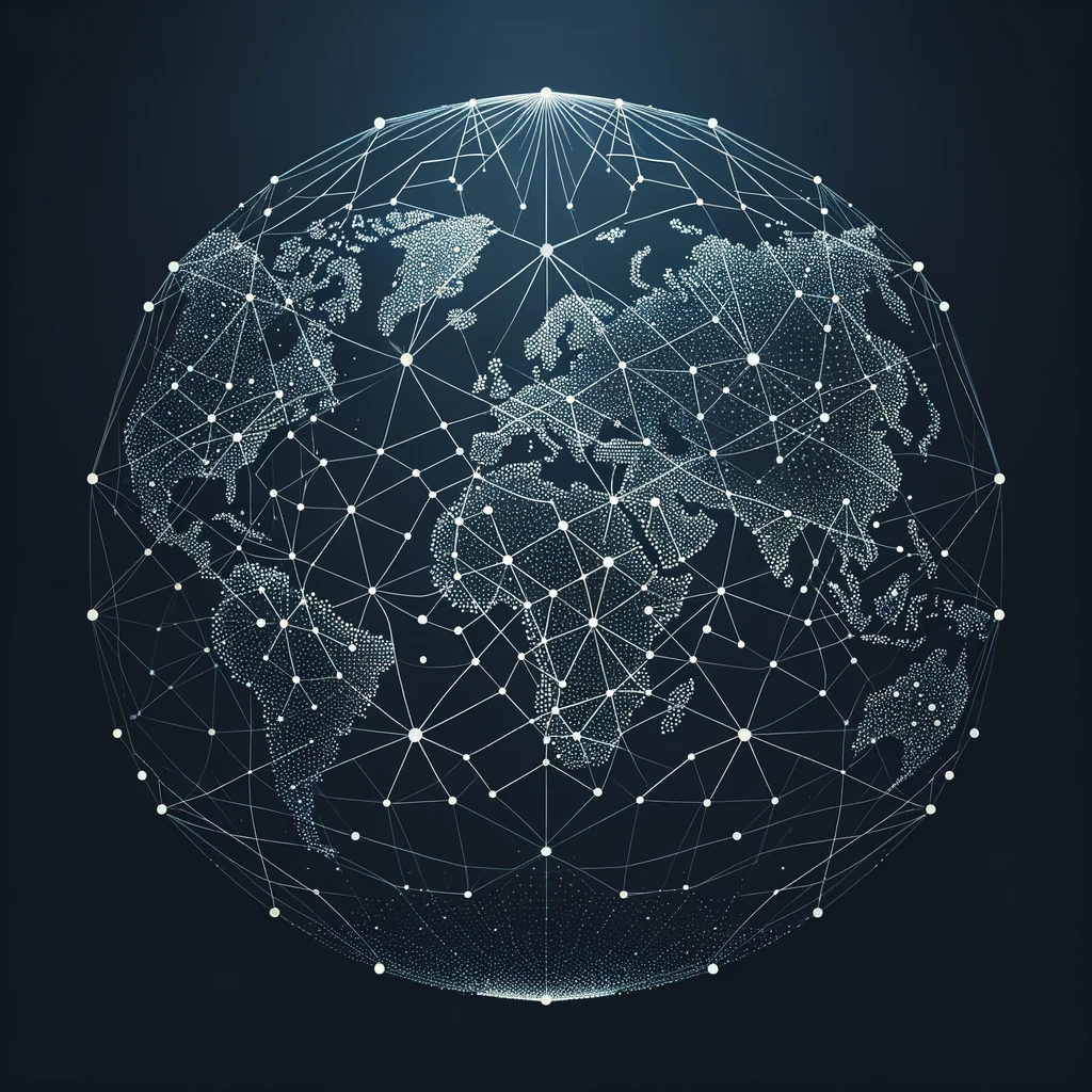 DALL·E 2023-11-13 22.09.00 - Create an image of a symmetrical world map on a dark background, depicted as interconnected with dots and lines, resembling a network or web of connec